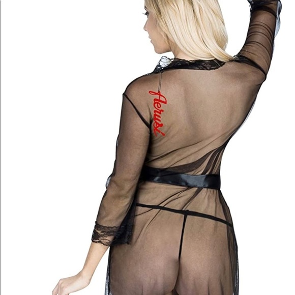 Lingerie Sheer Robe Lace Trim with G String Thong - Picture 3 of 3